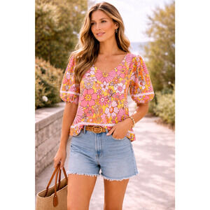 Smith & Quinn Floral Blouse Size Medium Puff Sleeve Cottagecore Boho Feminine